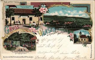 1900 Waasen bei Kirchstetten, Kapelle, Josef Hartmann's Gasthaus, Tanzsalon - Garten - Kegelbahn, Jede Woche Dienstag Würstel Abend / chapel, Hartmann's inn, dance salon and restaurant garden with bowling alley. Kunstanstalt Karl Schwidernoch Art Nouveau, floral, litho (EK)