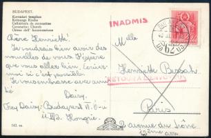 1940 Képeslap 20f bérmentesítéssel a megszállt Franciaországba, Párizsba küldve, majd visszaküldve Magyarországra INADMIS (nem elfogadható) + RETOUR A L'ENVOYEUR (vissza a feladónak) jelzésekkel