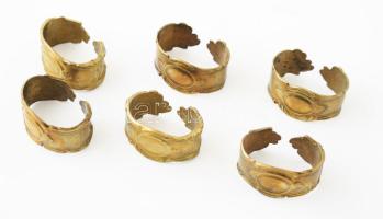 Szecessziós bronz 6 darabos szalvétagyűrű szett, h: 5,5 cm
