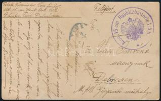 1918 Tábori posta képeslap "K.u.k. 15 cm Haubitzbatterie 6/S 12" Debrecenbe küldve