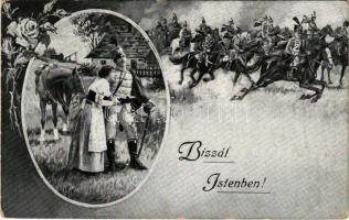 1915 Bízzál Istenben! / WWI K.u.K. military art postcard with hussar. M.B.L. 43. + "K.u.K. Schwere Haubitzdivision Nr. 12. Batterie Nr. 1." (EK)