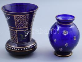 2 darab királykék parádi üvegváza, zománcfestéssel, m: 11-14 cm