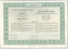 Budapest 1996. "TERIMPEX Kereskedelmi Részvénytársaság" részvénye 10.000Ft-ról (5x) sorszá...