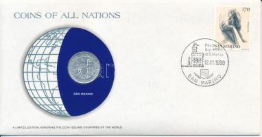 San Marino 1974. 10L "Nemzetek pénzérméi" felbélyegzett borítékban, bélyegzéssel T:UNC,AU San Marino 1974. 10 Lire "Coins of all Nations" in envelope with stamp and cancellation C:UNC,AU