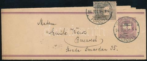1894 2kr díjjegyes címszalag 1kr kiegészítéssel Bukarestbe