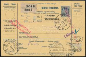 1925 Kétnyelvű csomagszállító készpénzes bérmentesítéssel Helsinkibe / Parcel card with cash franking "ÚJPEST" - "HELSINKI" -"TAMPERE"