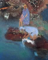 Olvashatatlan jelzéssel: Mosónők. Olaj, farost. Dekoratív, kissé sérült fakeretben. 40x50 cm