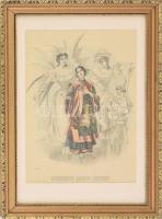 cca 1880-1890 Női divat (farsang?), Illustrirte Frauen-Zeitungból, színezett rotációs fametszet, papír. Jelzett a metszeten. Dekoratív, üvegezett keretben, 31×24 cm