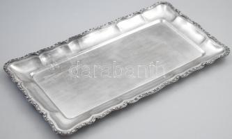 Ezüst (Ag) tálca. Ívelt négyzetes forma, rózsafejes-leveles peremszegéllyel, jelzett: dianás jelzés, mesterjeggyel jelzett, 35x19 cm, 502g