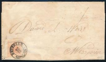 3kr MP III. with large margin on cover with full content "DEVECSER" - Veszprim, 3kr MP III. nagy ívszéllel levélen teljes tartalommal "DEVECSER" - Veszprim