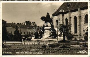 1940 Kolozsvár, Cluj; Statuia Matei Corvinul / Hunyadi Mátyás szobor / statue of King Matthias Corvinus + "1940 KOLOZSVÁR VISSZATÉRT" (tűnyomok / pinmarks)