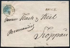 9kr MP III. on registered cover, on the backside 6kr MP III. (cut in two) "TEMESVÁR" - Troppau, 9kr MP III. ajánlott levélen, hátoldalon 6kr MP III. elvágva "TEMESVÁR" - Troppau