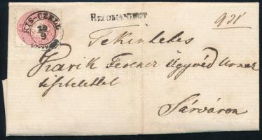 Ajánlott levél teljes tartalommal, 5kr + 10kr bérmentesítéssel. Belül 15kr okmánybélyeg. "KIS-CZELL" - "SÁRVÁR", 5kr + 10kr on registered cover. 15kr fiscal stamp on the inside. "KIS-CZELL" - "SÁRVÁR"