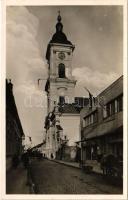 Komárom, Komárno; református templom, Leona üzlet, magyar zászló. Unio / Calvinist church, shops, Hungarian flag
