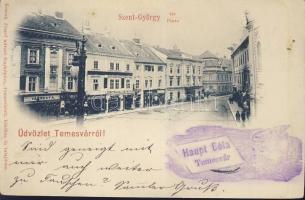 1899 Temesvár St George square with the furniture warehouse of Fischer