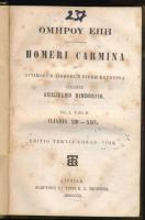 [Homérosz]: Homeri carmina ad optimorum librorum fidem expressa curante Guilelmo Dindorfio. Vol. I. Pars II. Iliadis XIII-XXIV. Lipsiae [Lipcse], 1852, B. G. Teubner, 2 sztl. lev.+ 245-504 p. Görög nyelven. Átkötött félvászon-kötésben, kissé kopottas borítóval, foltos lapokkal.