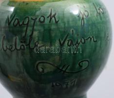 Csalikancsó Mónus műhely, Hódmezővásárhely mázas kerámia, jelzett, hibátlan 13 cm