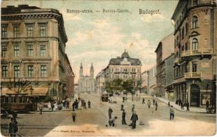 Budapest VIII. Baross utca, Matild udvar, kávéház és sörcsarnok, Márkus üzlete, villamosok. Divald Károly 142. sz. (fl)