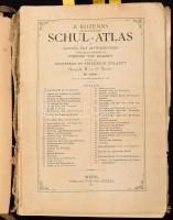 1891 B. Kozenns Geographischer Schul-atlas für Gymnasien, Real- und Handelschulen. Vollständig neu bearbeitet von Vincenz von Haardt revidiert von Professor Dr. Friedrich Umlauft. Ausgabe in 59 Karten. Wien, 1891, Ed. Hölzel, 6+20 p.+1-39, 41-50,55-58 (térképek, közte kétlapos, kihajtható, kettős számozású térképekkel is) t.+4 p. 35. Auflage. Német nyelven. Kiadói aranyozott egészvászon-kötés, kopott, foltos borítóval, hiányos, sérült gerinccel, sérült kötéssel, kijáró lapokkal, hiányzó térképekkel, benne sérült térképekkel is, foltos lapokkal. Megviselt állapotban.