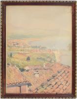 Péchy János (1885-1960): Vízparti táj vitorlásokkal. Akvarell, papír, jelzés nélkül, üvegezett fakeretben, 33x25 cm