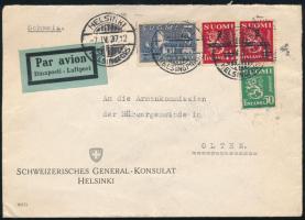 1937 Légi levél 4 db bélyeggel és levélzáróval / Airmail cover with 4 stamps, with label "HELSINKI" - Olten