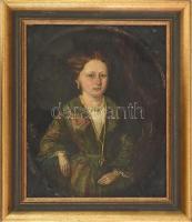 Jelzés nélkül, feltehetően XVIII/XIX. sz. festő: Fiatal hölgy portréja. Olaj, vászon, bal felső sarkában sérült, fakeretben, 22x18,5 cm
