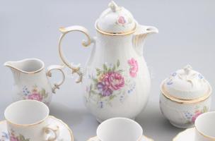 Hollóházi Hajnalka mintás mokkás készlet, jelzett, teljes, egyik csészén lepattanással