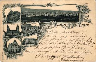 1897 (Vorläufer) Pécs, mozaiklap 5 képpel: Kereskedelmi és Iparkamara, Székesegyház, Nemzeti Casino, Nemzeti Színház, Királyi ítélőtábla. Krecsmar és Sacz kiadása. Art Nouveau, floral (kopott sarkak / worn corners)