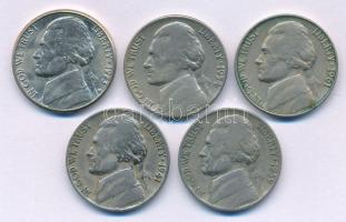Amerikai Egyesült Államok 1939-1973. 5c Cu-Ni "Jefferson" (5xklf) T:XF-F USA 1939-1973. 5 Cents Cu-Ni "Jefferson" (5xdiff) C:XF-F