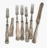 6 darab ezüst (Ag) nyelű evőeszköz + ezüst (Ag) nyél.