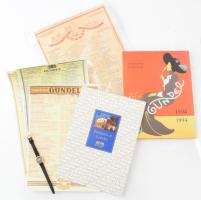 Gundel tétel (könyv, nyomtatványok, karóra), össz. 6 db: Halász Zoltán - Láng György: Gundel 1894-1994. Bp., 2001, Helikon, 77+(3) p. Fekete-fehér és színes fotókkal illusztrálva. Angol nyelven. Kiadói egészvászon-kötés, kiadói papír védőborítóban. + Banquets at Gundel, angol nyelvű képes ismertető kiadvány + 4 db régi Gundel étlap reprintje + Gundel étterem logójával ellátott női karóra, bőr szíjjal, nem jár, d: 24 mm