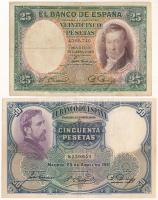 Spanyolország 1931. 25P + 50P T:F, pici szakadások Spain 1931. 25 Pesetas + 50 Pesetas C:F, tiny tears Krause P#81, P#82
