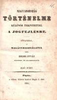 Bocsor István: Magyarország történelme, különös tekintettel a jogfejlésre. Főtanodai, s magányhasználatul. Első-negyedik füzet. [Egybekötve.] Pápán, 1861-1864. A református Főiskola betüivel Magda L. által. 890 p. Első kiadás. Bocsor István (1807-1885) a pápai református jogakadémia jog- és történelemtanára. Jogtörténeti munkája a XIX. századi tematikus történetírás jelentős darabja, több későbbi monográfia hivatkozza. Enyhén protestáns szemléletű, ám felekezeti elfogultságokon jobbára felülemelkedő történetírása Magyarország legfényesebb időszakait Mátyás királyhoz és Bethlen Gáborhoz köti, de értékeket tulajdonít olyan, a protestáns történetírásban általában ellenszenvvel kezelt uralkodóknak is, mint I. Ferdinánd vagy I. Lipót. Ízes nyelven fogalmazott történeti monográfiája elsősorban a közigazgatás-történetre, a jogtörténetre, illetve a pártviszályokra, civódásokra, azaz a belpolitikára koncentrál, de a vallás- és művelődéstörténettel kapcsolatban is emlékezetes részleteket oszt meg. A szerző az uralkodók jellemének nagy szerepet tulajdonít, a társadalmi küzdelmeket is inkább a nagy személyiségek befolyásából eredezteti, amelyet csak színeznek a gazdasági és kulturális érdek-ellentétek, ennek megfelelően történetírása sokkal inkább a carlyle-i, mint a marxi hagyományba tartozik. Jellemző fejezetcímek: István utáni küzdelmek Salamon és Gejza alatt. A lefolyt 39 év jelleme -- A kül-nagyság tetőpontja Nagy Lajos alatt -- Nagy Lajos törvényei, jelleme, s a bel-életre hatása -- Pártviszályok, s törökökkeli küzdelmek I. Ulászló alatt -- Mátyás jelleme, törvényei, s a bel-élet emelésére hatása. Stílusmutatvány: Árulás, csüggedés, készületlenség ágyúit, poggyászát, szekereit, felső vidéki várait Ferdinánd kezébe juttaták. Ugyanekkor jobb keze, Frangepán is megveretett, megöletett, s elestével Horvátországot Ferdinánd hatalmába ejtette. Ferdinánd szerencséje s [Szapolyai] János erélytelensége megfordíttatá az átpártolókkal a köpönyeget. Batthyány, Moré, Perényi, Török Bálint, Podmaniczky, Bakics és megszökött szerbjei, Kassa polgárai rendre hódoltak Ferdinándnak. Ferdinánd e sükertől felbátorítva Budára országgyűlést hirdetett, magát s nejét Fehérvárott megkoronáztatta, s a gyűlésnek végzéseit - mellyek Zápolyát és Werbőczit honárulóknak nyilvánították - megerősítvén, Esztergomba vitte udvarát. Seregei Zápolyát üldözőbe vették, a Tiszánál megverték, s Erdélyből Homonnára, innen Lengyelországba menekülni kényszerítették. Így folyt le a két magyar király első összeütközése. A külföldi Esztergomban ülte diadalát; a nemzeti, mint földönfutó, Tarnówban húzta meg magát. A két párt mint őrült ember gyilkolta saját fiait. A munka hét füzetben teljes, négy füzetből álló példányunk az őstörténettől 1711-ig tekinti át az ország történetét. Az oldalakon halvány foxing. Aranyozott gerincű korabeli félvászon kötésben. Jó példány.