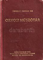 Torday Ferenc:  Orvosi műszótár. Sajtó alá rendezte Barabás Zoltán. Budapest, 1948. Novák Rudolf és Társa (Hungária Hírlapnyomda Rt.) 537 + [1] p. Torday Ferenc (1871-1942) gyermekorvos latin-magyar orvosi műszótára tíz év kutatómunkájának eredménye. A mű első kiadása 1941-ben jelent meg, példányunk a munka második, bővített kiadásából való. A címlapon ismeretlen kéztől származó ajándékozási bejegyzés. Példányunk utolsó előtti ívének fűzése meglazult. Aranyozott, enyhén kopott, enyhén sérült kiadói félvászon kötésben.