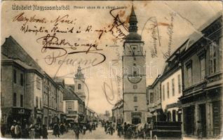 1906 Nagyszombat, Tyrnau, Trnava; Hosszú utca és a városi torony, kávéház, üzletek. Fischer Hugó kiadása / street, tower, cafe, shops (r)