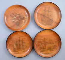 cca 19. sz. vége, Jakubecz Csaláry jelzéssel 4 darab kézzel karcolt, festett mintás dísz falitányér, klf hajók ábrázolásával, d: 22-23 cm