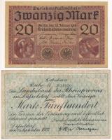 Németország / Weimari Köztársaság 1918. 20M + 1922. 500M "Rheinprovinz" T:F-VG, tűlyukak Germany / Weimar Republic 1918. 20 Mark + 1922. 500 Mark "Rheinprovinz" C:F-VG, pinholes