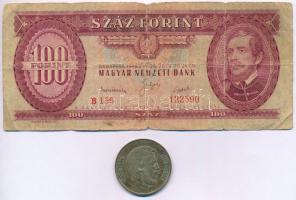 1947. 5Ft Ag "Kossuth" + 1949. 100Ft "B 136 122590" T:érme:VF, patina, bankjegy:VG