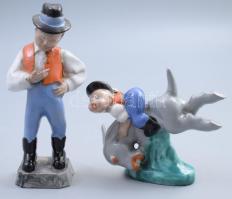 2 darab régebbi mázas kerámia figura, egyik sérült jelzett Komlós, m: 17 cm alatt