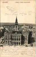 1915 Újvidék, Novi Sad; látkép a katolikus templomról, városháza, zsinagóga, villamos. Hajós tőzsde kiadása / general view from the Catholic church, town hall, synagogue, tram (fl)