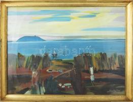 Szentgyörgyi Kornél (1916-2006): Balaton. Olaj, farost, jelezve jobbra lent, hátoldalán Képcsarnok Vállalat címkéje. Üvegezett fakeretben, 60×80 cm / oil on wood fiber, signed, framed