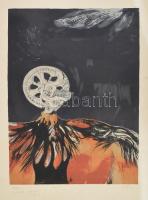 Olvashatatlan jelzéssel: Szürrealista kép. Szitanyomat, papír, jelzett, számozott (44/300). Lapszéli kisebb foltokkal. 51x36,5 cm