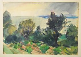 Iván Szilárd (1912-1988): Vízparti táj (Balaton?), 1964. Akvarell, papír, jelzett. Üvegezett fakeretben, 28,5x41 cm.