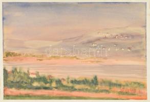 Jelzés nélkül: Színes táj. Akvarell, papír. Hátoldalán paszpartuzás nyomaival. 33x47,5 cm.