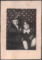cca 1935-1940 Levente jelvényes, darutollas sapkát viselő kisfiúk, nagyméretű, kartonra kasírozott fotó, kissé sérült, foltos karton, körbevágva, 23x17 cm, karton: 33x23 cm