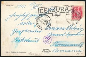 1941 Képeslap Romániába kettős cenzúrával / Postcard to Romania with Hungarian and Romanian censorship marks