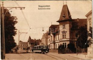 1917 Nagyszeben, Hermannstadt, Sibiu; Schewis utca, villamos. Vasúti levelezőlapárusítás / street view, tram (fa)