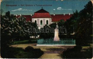1918 Sárospatak, Református főiskola a Tompa szoborral (kopott sarkak / worn corners)