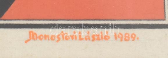 Monostori László (-): Háromszögek, 1989. Akril, vászon, papírra kasírozva, jelzett, üvegezett keretb...