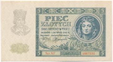 Lengyelország / Német megszállás 1941. 5Zl "AF 1667530" T:UNC,AU / Poland / German Occupation 1941. 5 Zlotych "AF 1667530" C:UNC,AU Krause 101.